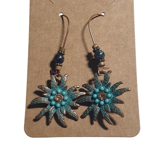 Turquoise Copper Tone Sunflower Drop Earrings Rhinestone Beach Boho Core Gift - Picture 2 of 4